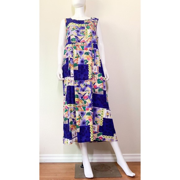Vtg Jams World Midi Dress XL Pockets Grass Shack Patchwork Island Print Purple - Picture 1 of 6